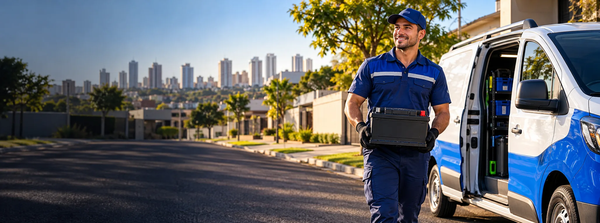 Técnico Etron levando uma bateria para atendimento em Londrina